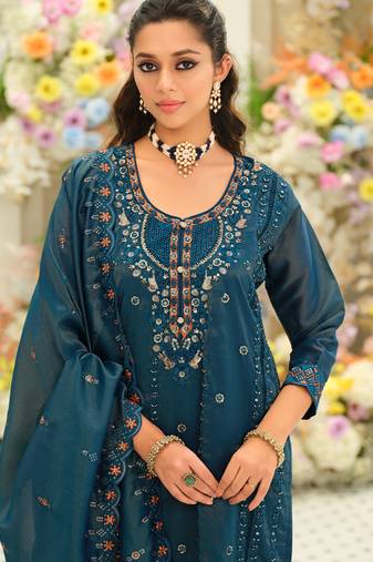 Teal embroidered silk blend kurta trouser dupatta set