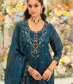 Teal embroidered silk blend kurta trouser dupatta set
