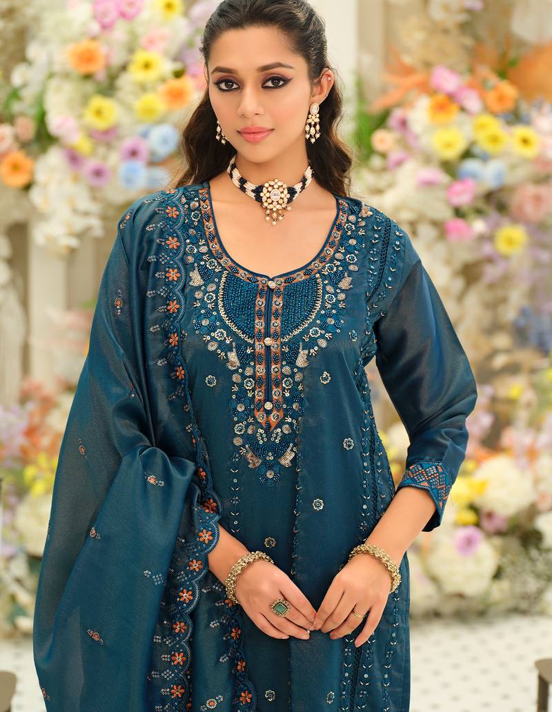 Teal embroidered silk blend kurta trouser dupatta set