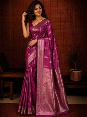 Purple ethnic motifs zari silk blend banarasi saree 1