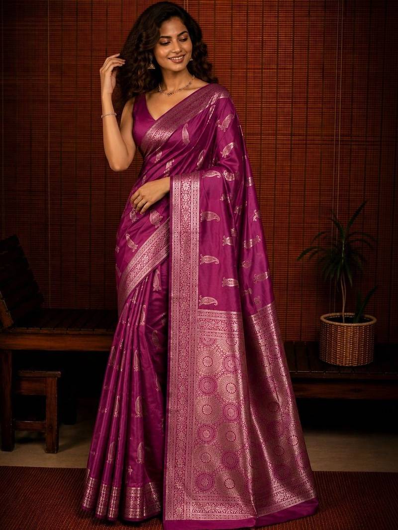 Purple ethnic motifs zari silk blend banarasi saree