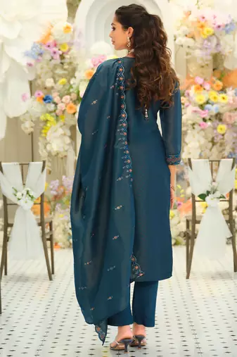 Teal embroidered silk blend kurta trouser dupatta set
