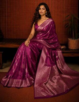 Purple ethnic motifs zari silk blend banarasi saree 4