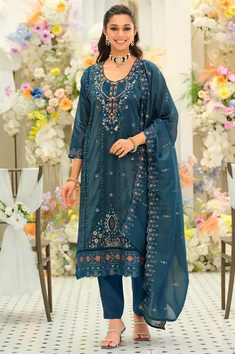 Teal embroidered silk blend kurta trouser dupatta set