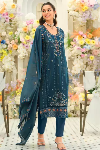 Teal embroidered silk blend kurta trouser dupatta set