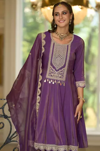 Purple embroidered silk blend kurta trouser dupatta set