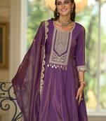 Purple embroidered silk blend kurta trouser dupatta set