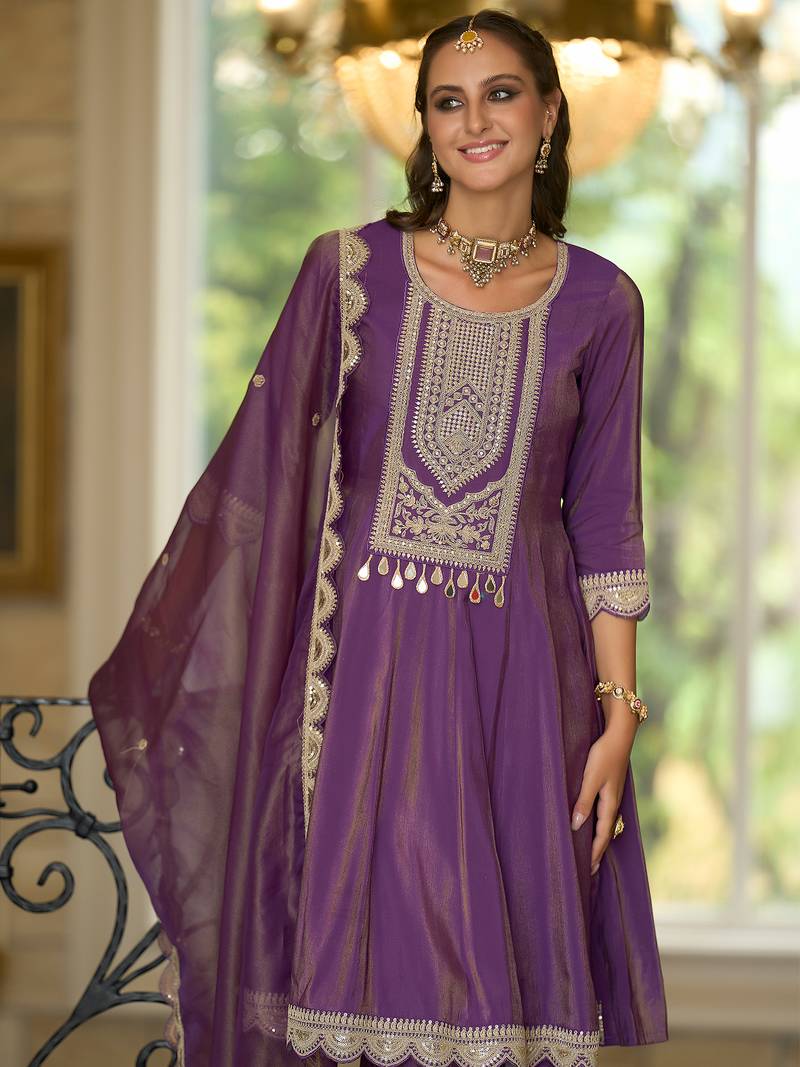 Purple embroidered silk blend kurta trouser dupatta set