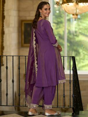 Purple embroidered silk blend kurta trouser dupatta set 2