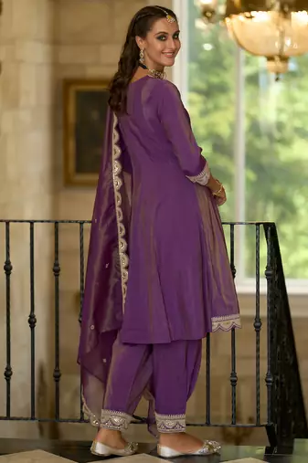 Purple embroidered silk blend kurta trouser dupatta set