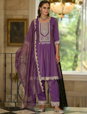 Purple embroidered silk blend kurta trouser dupatta set 3
