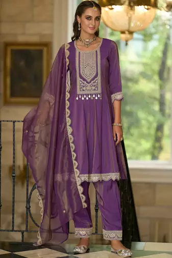 Purple embroidered silk blend kurta trouser dupatta set