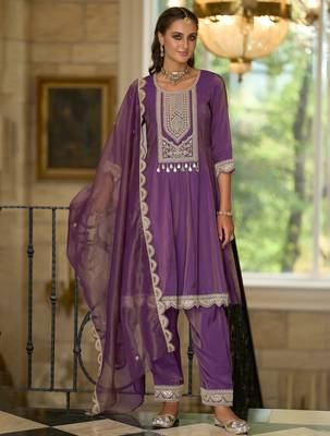 Purple embroidered silk blend kurta trouser dupatta set 4