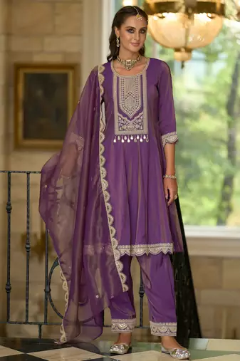 Purple embroidered silk blend kurta trouser dupatta set