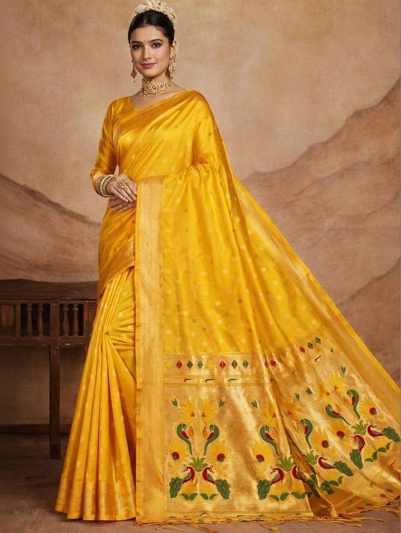 Yellow woven design zari silk blend paithani saree