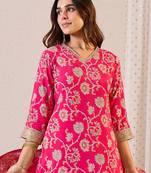 Pink printed chanderi silk kurta trouser dupatta set