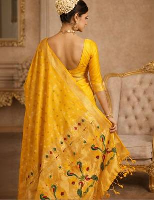 Yellow woven design zari silk blend paithani saree 3
