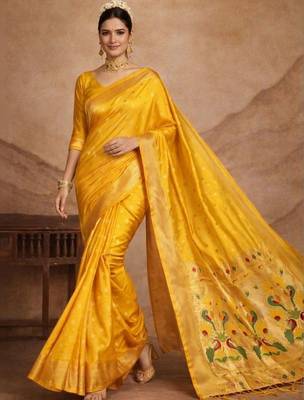 Yellow woven design zari silk blend paithani saree 4