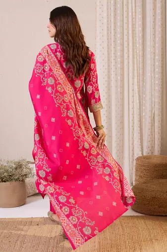 Pink printed chanderi silk kurta trouser dupatta set