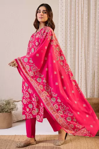 Pink printed chanderi silk kurta trouser dupatta set