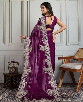 Purple heavy embroidered border saree 3