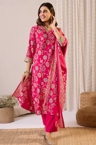 Pink printed chanderi silk kurta trouser dupatta set