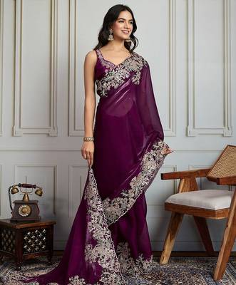 Purple heavy embroidered border saree 4