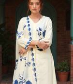 Off white printed viscose rayon kurta trouser dupatta set