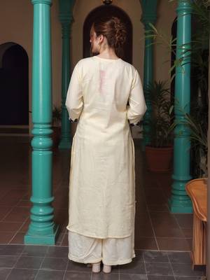 Off white printed viscose rayon kurta trouser dupatta set 2
