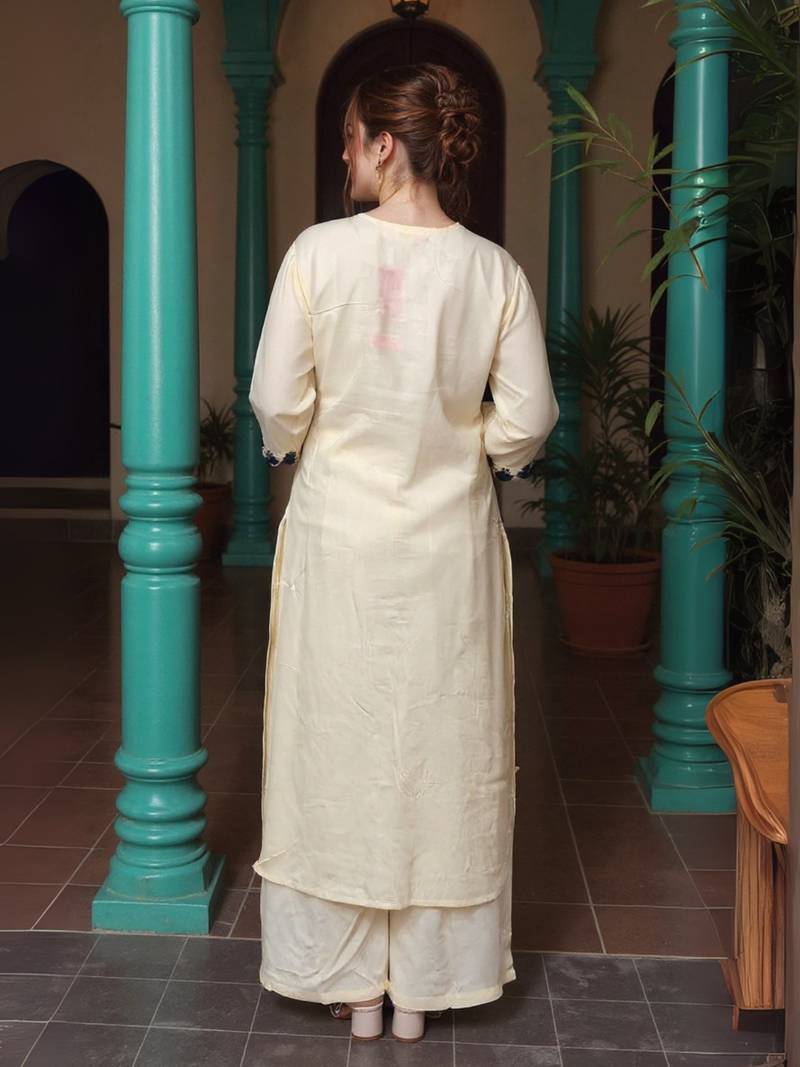 Off white printed viscose rayon kurta trouser dupatta set