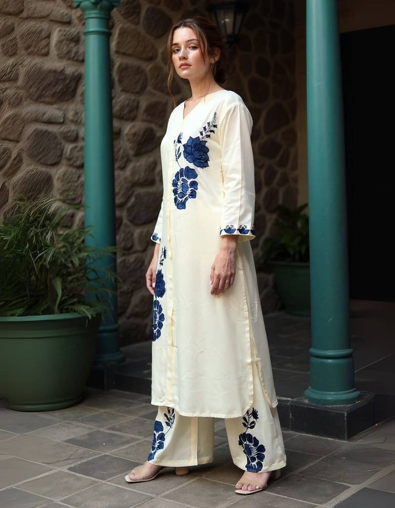 Off white printed viscose rayon kurta trouser dupatta set