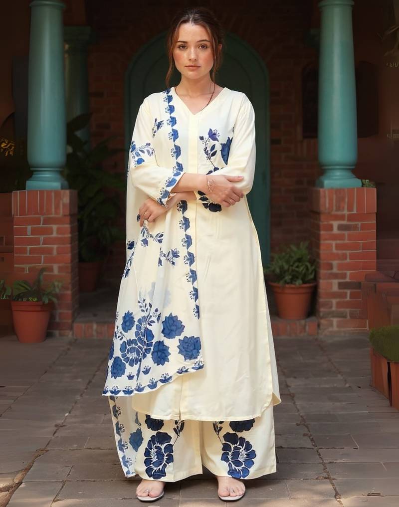 Off white printed viscose rayon kurta trouser dupatta set