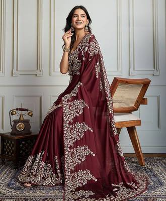 Maroon ethnic motif embroidered saree 1
