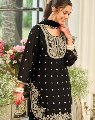 Black embroidered chinon kurta trouser dupatta set 1