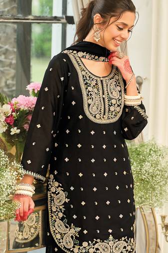 Black embroidered chinon kurta trouser dupatta set