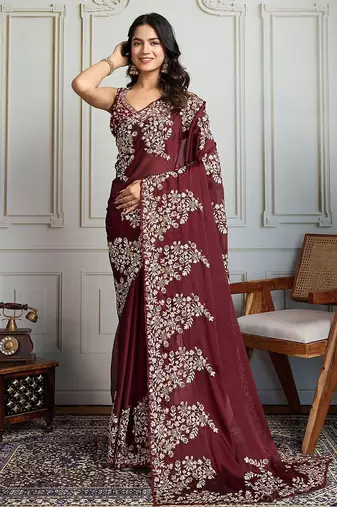 Maroon ethnic motif embroidered saree