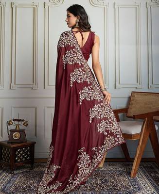 Maroon ethnic motif embroidered saree 4