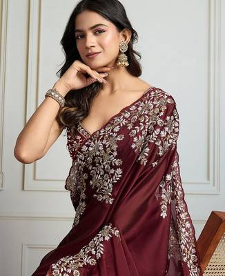 Maroon ethnic motif embroidered saree 5