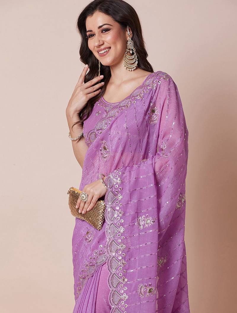Lavender embellished saree with blouse piece