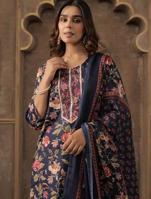 Navy blue embroidered cotton blend kurta trouser dupatta set 1