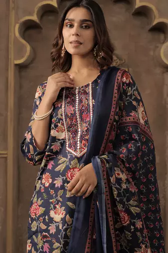 Navy blue embroidered cotton blend kurta trouser dupatta set