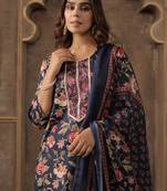 Navy blue embroidered cotton blend kurta trouser dupatta set