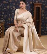 Cream woven design pure linen banarasi saree