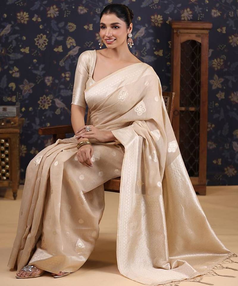 Cream woven design pure linen banarasi saree