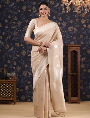 Cream woven design pure linen banarasi saree 2