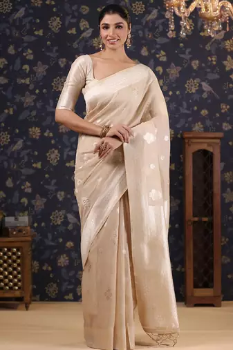 Cream woven design pure linen banarasi saree