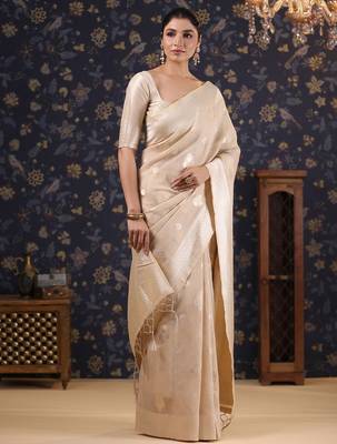 Cream woven design pure linen banarasi saree 3