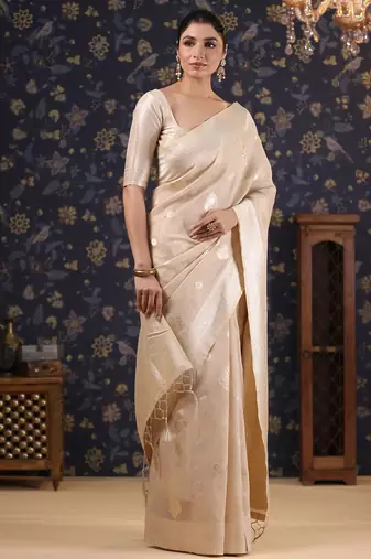Cream woven design pure linen banarasi saree