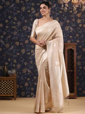 Cream woven design pure linen banarasi saree 4
