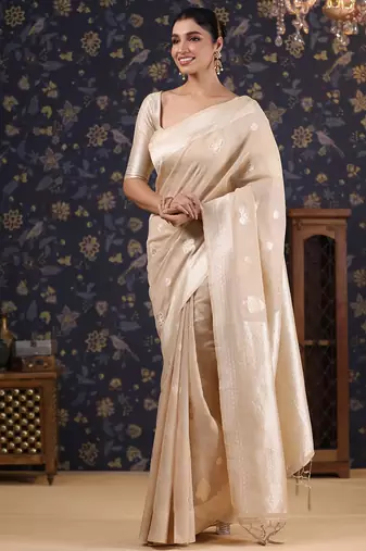 Cream woven design pure linen banarasi saree